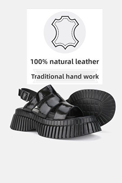 TUNAELLİ Black Patent Leather Genuine Natural Leather Women's Sandals - Size 36-41