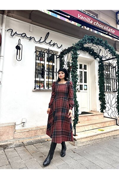 KÜÇÜĞÜM BUTİK Vintage čtvercový límec hnědé rozšířené šaty