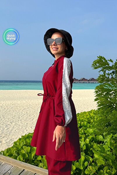 Ka Hijab Sequin Detail Full Covered 2-Piece Hijab Swimsuit - Claret Red