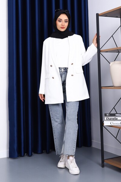 İmajButik Ecru Buttoned Double-Breasted Collar Crepe Jacket