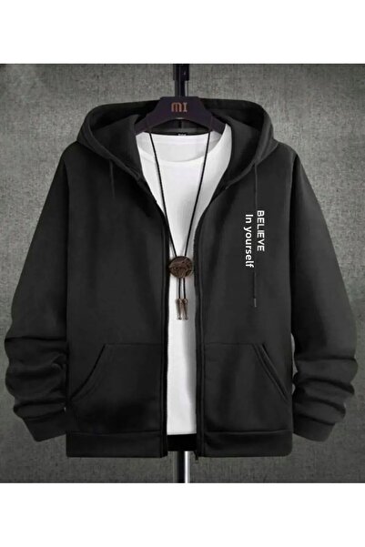 pandy Unisex Μαύρο Believe In Yourself Φούτερ με φερμουάρ με κουκούλα oversize