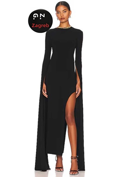Zagrep Γυναικείο μαύρο μάξι φόρεμα με μανίκια με σκίσιμο πίσω φόρεμα από μεταξωτό χαμηλού κοψίματος