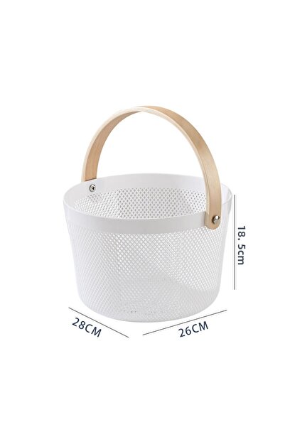 Vadi White Wooden Handle Round Metal Wire Basket Organizer Modern Decorative Presentation & Fruit Bowl