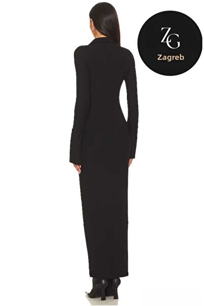 Zagrep Women's Black Maxi Dress Hidden Zip Collar Sleeve Slit Silk Jersey Dress