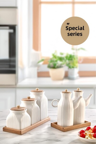 İLİVA طقم وعاء زيت مفرغ من الهواء مكون من 7 قطع مع حامل، وطقم من 3 قطع من أدوات تحضير الشاي والسكر والقهوة والتوابل، وطقم برطمانات القهوة التركية