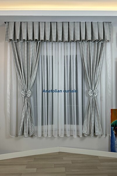 GLOMAR 1/3 Gray Farbela Kitchen Curtain - Close Pleat, Cornish Short Background