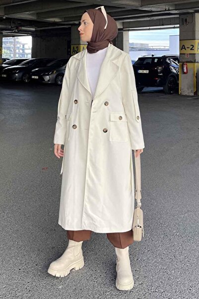lamelif Pelican Cream Trench Coat - Με κουμπιά μπροστά