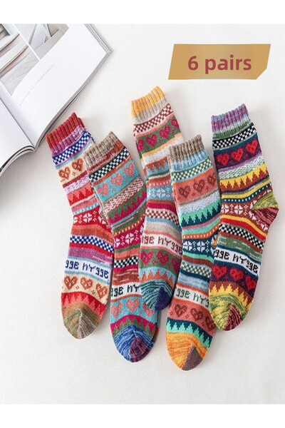 Sky Socks Set de 6 șosete groase tricotate de iarnă cu modele multicolore