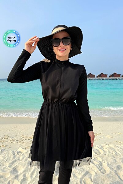 Ka Hijab Full Covered 2-Piece Hijab Swimsuit with Tulle Skirt - Black