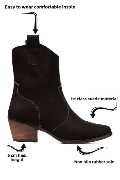 Limeo Handmade Pointed Black Heeled Suede Women's Short Pull Simple Classic Cowboy Boots Bootie