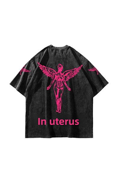 Sekizbiraltı Nirvana In Utero Pink Printed Oversize Unisex Μαύρο Tshirt που πλένεται
