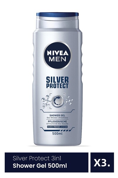 NIVEA Gel de duș Silver Protect 3 în 1 pentru bărbați 3 bucăți x 500 ml