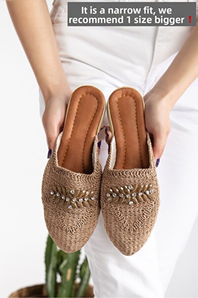 Slipcat Women's Straw Slippers Closed Front Mesh Lace Stone Detailed Stylish Summer Home Beach Vacation Slippers