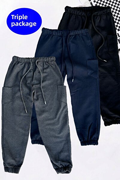 twins tailors Παιδικό αθλητικό παντελόνι Unisex σε μπλε ναυτικό-μαύρο-ανθρακί χωρίς στάμπα, με ελαστικό πάτο με φλις εσωτερικά, συσκευασία 3 τεμαχίων