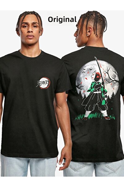 Orijin Tekstil Demon Slayer Tanjiro Kamado Full Moon Anime εμπρός πίσω με στάμπα unisex μαύρο μπλουζάκι