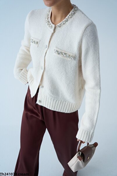 NATUFIAN STORE Dámský svetr Ecru Stone s kapsou a výstřihem do V