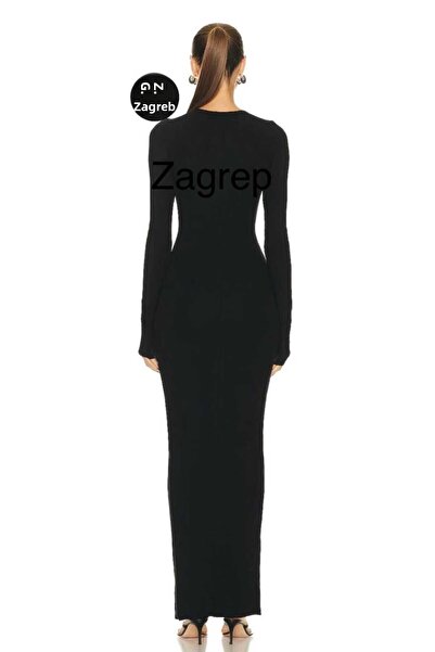 Zagrep Black Silk Maxi Dress - Long Sleeve, Crew Neck, Zip and Lined