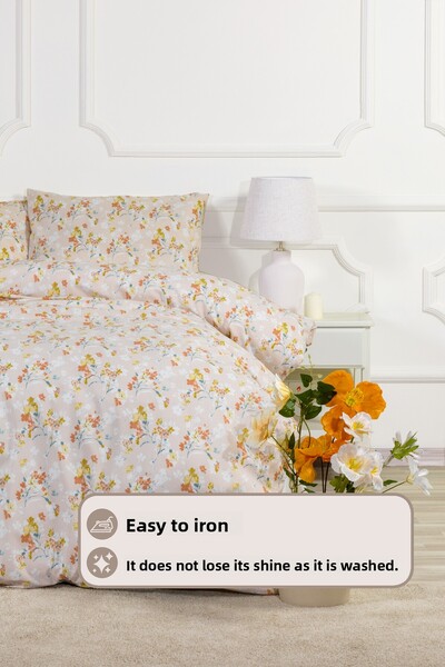 Elart Floret Duvet Cover Set Single Size Cotton Fitted Sheet (160X200 cm) Ecru