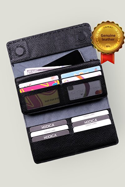 Modica Tampa - Genuine Leather Black Wallet with Magnetic Phone Compartment, 14 Card Compartments