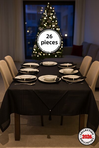 hanım's طقم مفارش طاولة إيزور كولبر لـ 12 فرد، 26 قطعة، أسود