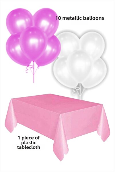 karanca parti süs 5 بالونات معدنية باللون الوردي و5 بالونات معدنية بيضاء و1 غطاء طاولة بلاستيكي، مجموعة زينة لحفلات أعياد الميلاد