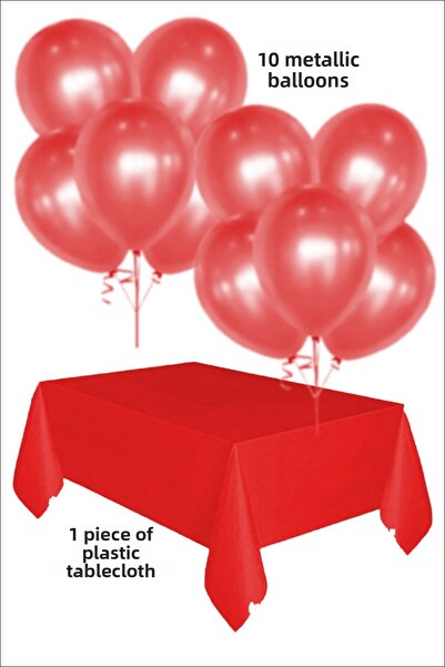 karanca parti süs 10 بالونات حمراء معدنية، 1 قطعة من مفارش الطاولة البلاستيكية الحمراء، مجموعة زينة للحفلات