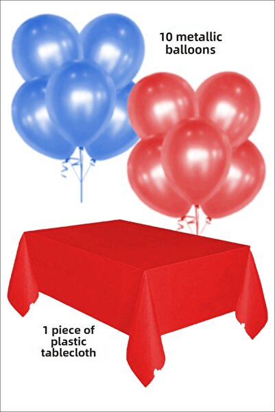 karanca parti süs 5 بالونات معدنية زرقاء و5 بالونات معدنية حمراء مع 1 قطعة من مفرش الطاولة البلاستيكي الأحمر، مجموعة زينة للحفلات
