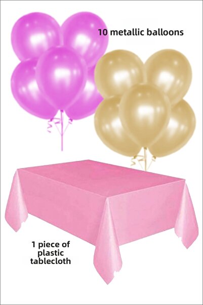 karanca parti süs 5 بالونات معدنية ذهبية اللون و5 بالونات وردية اللون مع 1 غطاء طاولة بلاستيكي وردي اللون، مجموعة زينة لعيد الميلاد