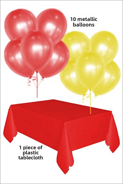 karanca parti süs 5 بالونات معدنية حمراء و5 بالونات معدنية صفراء، 1 قطعة من مفرش الطاولة البلاستيكي الأحمر، مجموعة زينة لعيد الميلاد