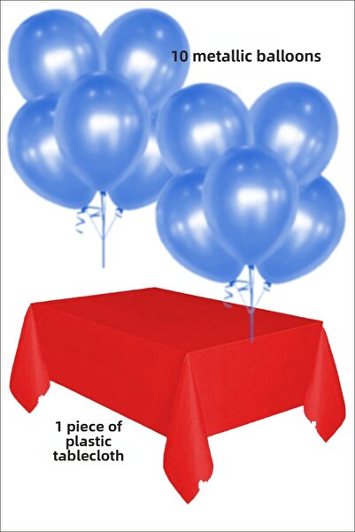 karanca parti süs 10 بالونات زرقاء معدنية مع 1 غطاء طاولة بلاستيكي أحمر، مجموعة زينة للحفلات