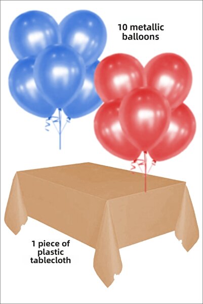 karanca parti süs 5 بالونات معدنية زرقاء و5 بالونات معدنية حمراء و1 مفرش طاولة ذهبي، مجموعة زينة لعيد الميلاد