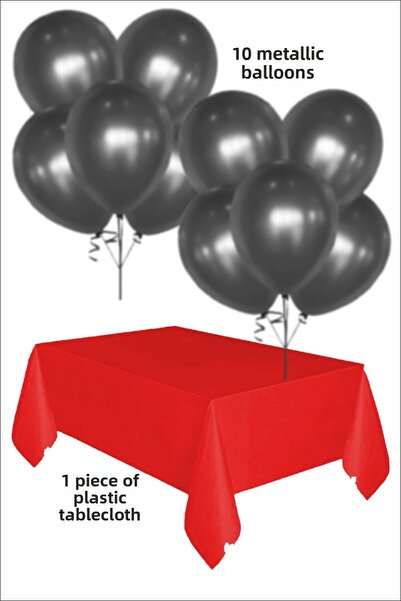 karanca parti süs 10 بالونات سوداء معدنية و1 غطاء طاولة بلاستيكي أحمر لتزيين ...