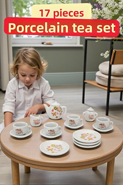 TRENDZONE مجموعة بيت الدمى - لعبة طقم شاي من البورسلين مكون من 17 قطعة مع زهو...