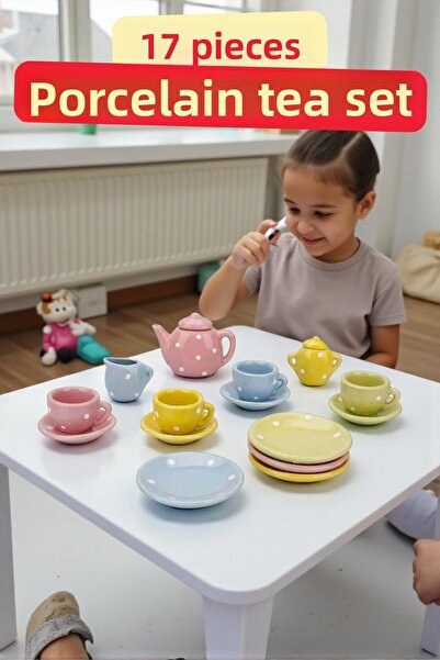 TRENDZONE مجموعة بيت الدمى - لعبة طقم شاي من البورسلين المنقط مكون من 17 قطعة