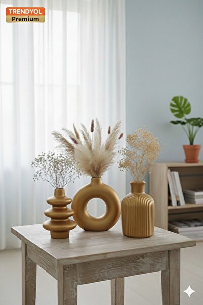 muffag 10 cm 3-Piece Gold Handmade Plaster Vase