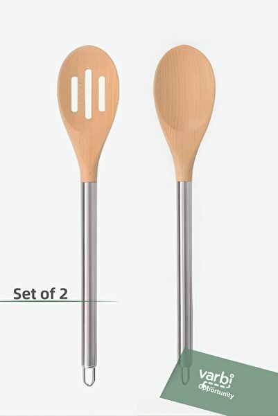 Varbifırsat Set of 2 33 cm Metal Serving Spoons with Wooden Tips - Slotted Spoons