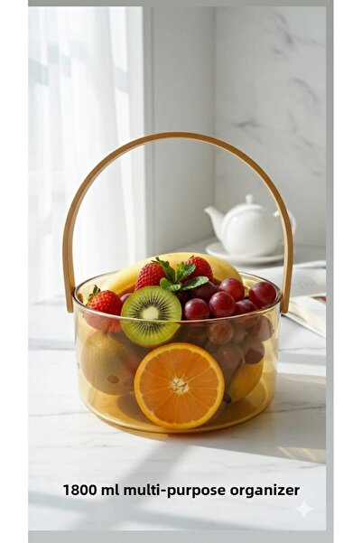 Qerhome Borosilicate Glass Fruit Basket with Bamboo Handle Multi-Purpose Decorative Basket 1800 ml