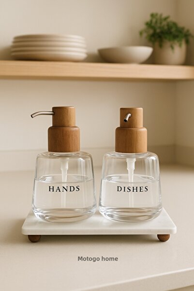 Mottogo Set of 2 Glass Soap Dispensers with Marble Stand and Acacia Lid - 500 ml