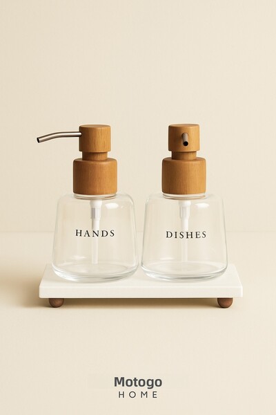 Mottogo Set of 2 Glass Soap Dispensers with Marble Stand and Acacia Lid - 500 ml