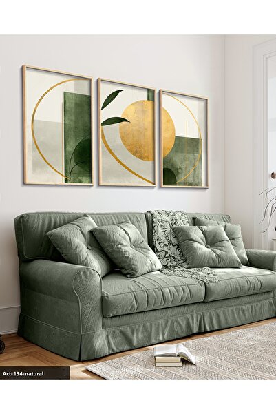 Evinemoda Artă abstractă aurie și verde, pictură în 3 piese cu rame din lemn ACT