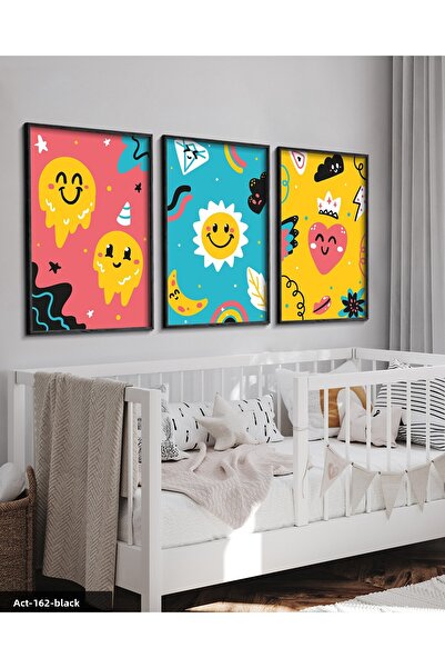 CeSht Desen animat colorat personaj leri Tablo în trei piese cu cadru din lemn negru ACT