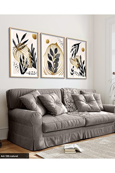 Evinemoda Tablou în stil boho cu aspect de acuarelă, frunze negre, 3 piese, c...