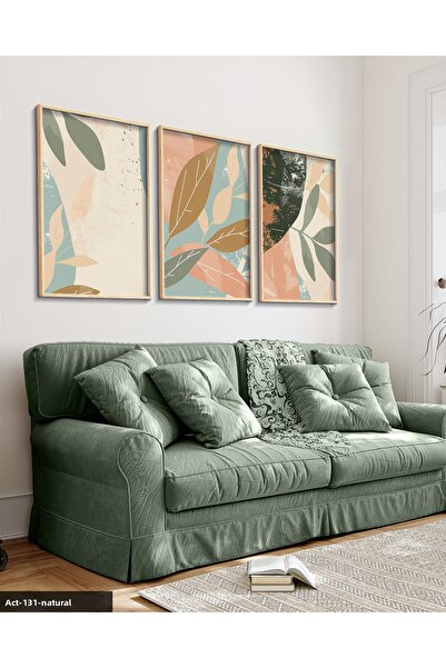 Evinemoda Boho Style Colorful Leaves 3 Piece Wooden Framed Painting Act