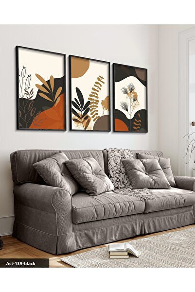Evinemoda Artă botanică 3 piese pictură înrămată cu lemn negru ACT
