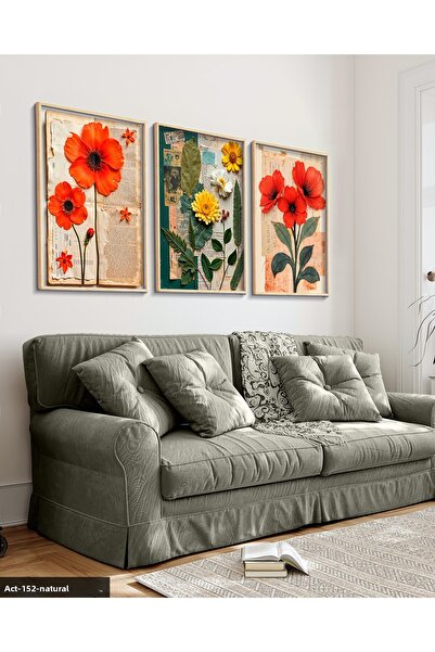 Evinemoda Floare roșie și galbenă cu frunze verzi, pictură în 3 piese cu cadr...
