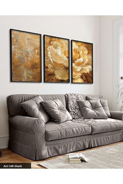 Evinemoda Tablou cu flori și frunze aurii, 3 piese, cu rama din lemn negru ACT