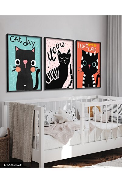 Evinemoda Cute Kara pisică ler Tablo în trei piese cu ramă din lemn negru ACT