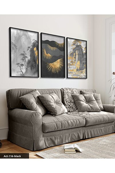 Evinemoda Artă modernă cu detalii aurii, pictură în 3 piese cu cadru din lemn...