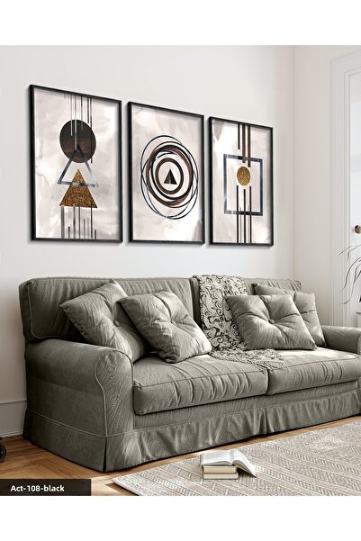 CeSht Artă abstractă cu aspect de acuarelă, pictură în 3 piese cu cadru din lemn negru ACT