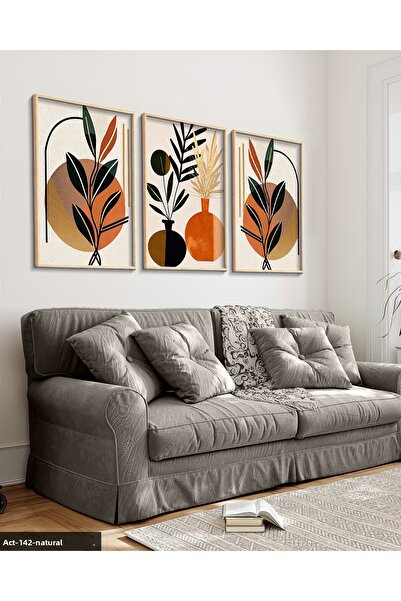 Evinemoda Leaves in a Vase in Boho Style 3 Piece Wooden Framed Painting Act